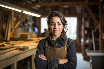 a smiling woman in a carpentry workshop