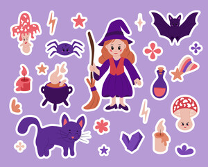 Cute and cozy magical characters and items. Set of stickers in flat cartoon style. Witch and related items. Perfect for printout, stickers, prints