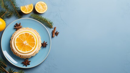 Beat see glass of tea christmas tree cake on plate lemon cuts nectar on blue table - obrazy, fototapety, plakaty