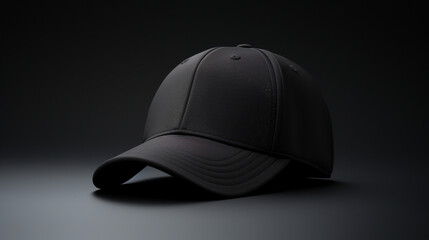 Casquette noire posée sur un fond noir uni. Vue de profil. Mode, sport, chapeau. Pour conception et création graphique