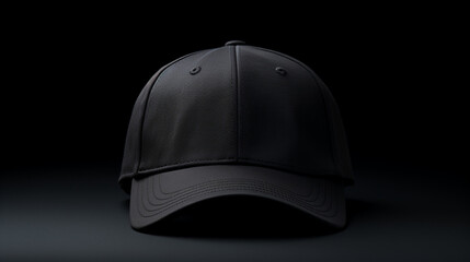 Casquette noire posée sur un fond noir uni. Vue de face. Mode, sport, chapeau. Pour conception et création graphique