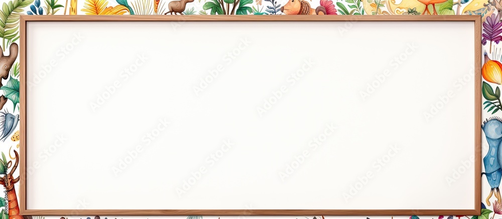 Fototapete In an artfully crafted design, a wooden border encloses a white space printed with a colorful alphabet, creating an isolated oasis of creative learning amidst the chaos of text and lines.