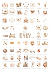 First Baby watercolor set. First little baby step, word, christmas, toy, dress, and other things for newborn. For baby photo album.