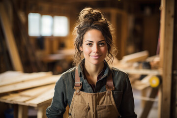 smiling female carpenter working in the workshop - obrazy, fototapety, plakaty