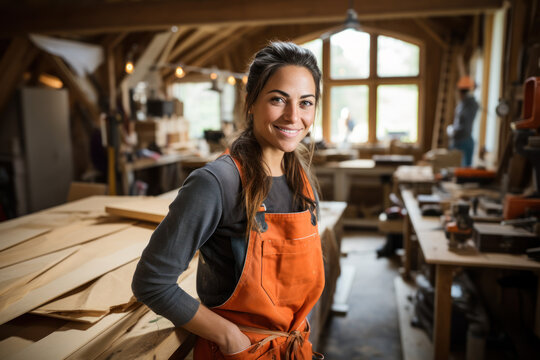 smiling female carpenter working in the workshop
