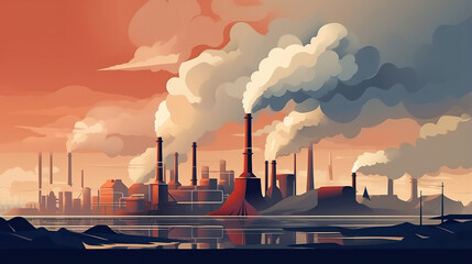 Industrial Area with Smoke Coming Out of Chimneys. Generative Ai - obrazy, fototapety, plakaty