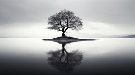 Solitary Reflection: Lone Tree in Monochrome Waterscape
