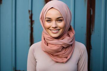 young Muslim woman in hijab and smiles