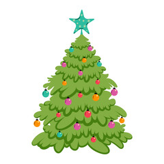 Festive Christmas tree isolated on white background. Christmas tree toys. Fluffy spruce hand-drawn.