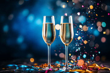 Celebratory Toast with Sparkling Champagne Flutes Amidst Vivid Festive Confetti