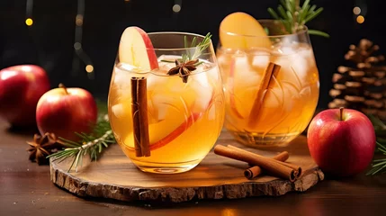 Fotobehang Conventional christmas apple punch with cinnamon, anise and sprigs of rosemary on light table © Tahir