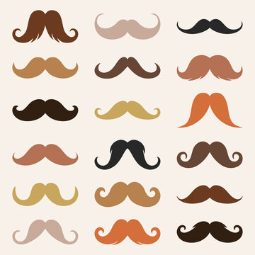 Different mustache icon collection. Vintage male moustaches silhouette, funny retro gentleman moustaches. Hipster man element. Men grooming, haircare, shaving barber service. Vector illustration