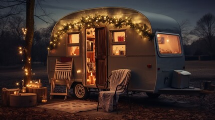 Vintage ancient travel trailer with christmas enhancements christmas tree chair and christmas...