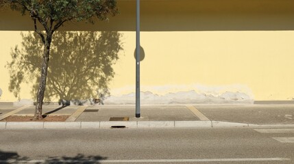 Metallic pole on concrete sidewalk with peeled yellow plaster wall behind. Street in front, tree by side at the road side. Background for copy space.
