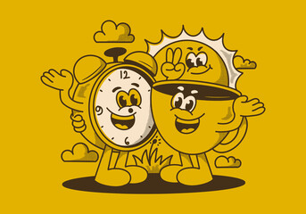 Morning time, coffee time. Mascot character of coffee cup, alarm clock and a sun
