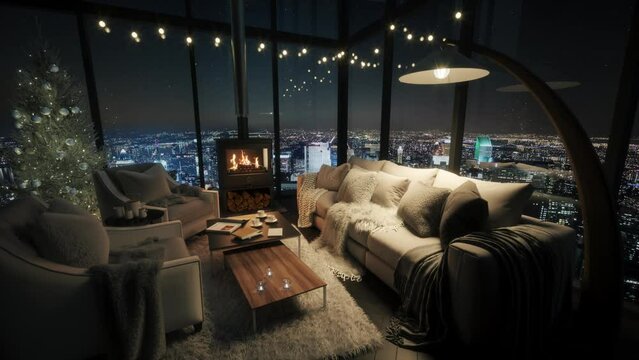Christmas eve cozy mood in living room. Night cityscape panorama from window. 3d animation