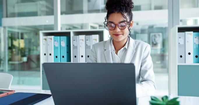 Reading glasses, laptop and professional woman, advocate or government attorney check feedback. Corporate research, eyeglasses and business lawyer analysis of legal project, development or report