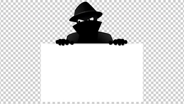 Animation loop of a criminal on the lookout looking to the right, then the left posted on the top of a white panel with transparency and alpha channel