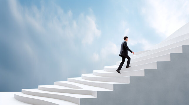 businessman climbing stairs to success