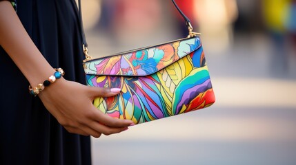 a woman's hand holding a trendy clutch bag with a bold print