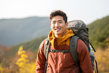 Chinese man at outdoors  with mountaineer backpack