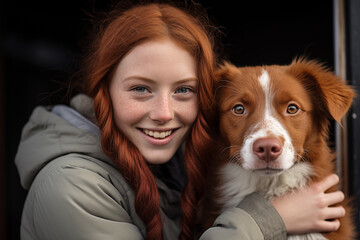 Young pretty redhead woman at outdoors with a dog
