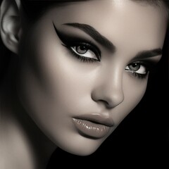 A black and white image of a model's face with a dramatic winged eyeliner and long lashes