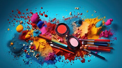 A creative image of makeup products scattered on a colorful background