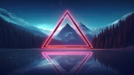 Glowing neon triangle frame over abstract landscape. Generative AI image weber.