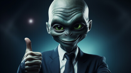 Futuristic image of a happy alien businessman holding a thumbs up. Concept of good luck in business