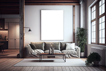 Wall art, poster, framed picture mockup in modern interior, gray and beige modern living room