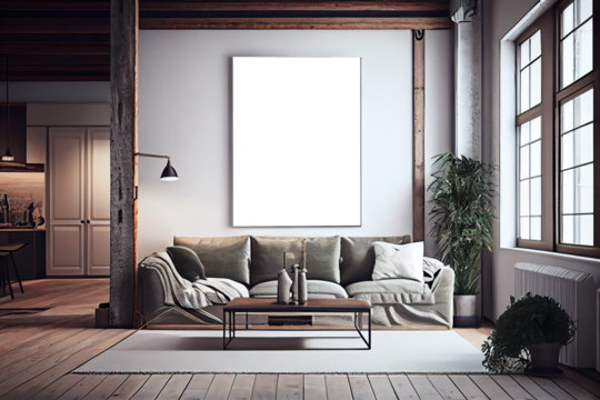 Wall art, poster, framed picture mockup in modern interior, gray and beige modern living room