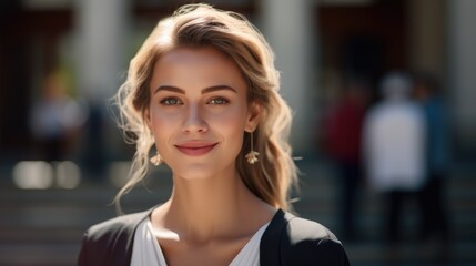Close up photo beautiful young girl or confident young judge on bright sunny day outdoors
