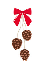 Handmade Christmas decoration from pine cones. Three pine cones on a rope with a bow. Christmas tree decoration. Cozy hygge style. Isolated hand-drawn colored flat vector illustration.