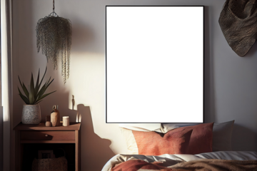 Wall art, poster, framed picture mockup in modern interior over bed
