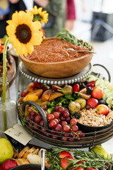 Fancy Fruit & Vegetable Crudite Display with Dipping Oil, Appetizer Display, Hors d'oeuvres Display, Healthy Food, Carrots, Figs