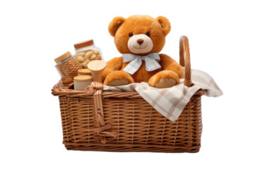 Whimsical Teddy Bear Picnic Adventure Basket on a White or Clear Surface PNG Transparent Background