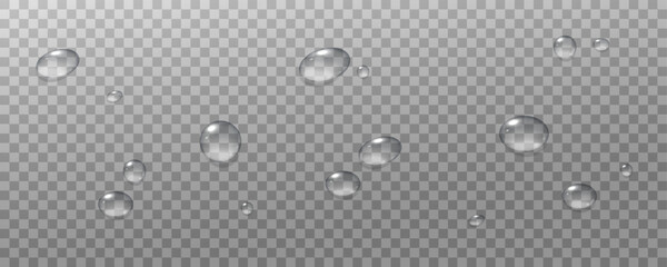 Realistic vector water drops png on a transparent light background. Water condensation on the surface with light reflection and realistic shadow. 3d vector illustration