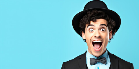 excited youg man black suit bowtie and hat magician entertainer on blue background