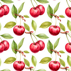 Cherries seamless pattern, watercolor illustration, background.