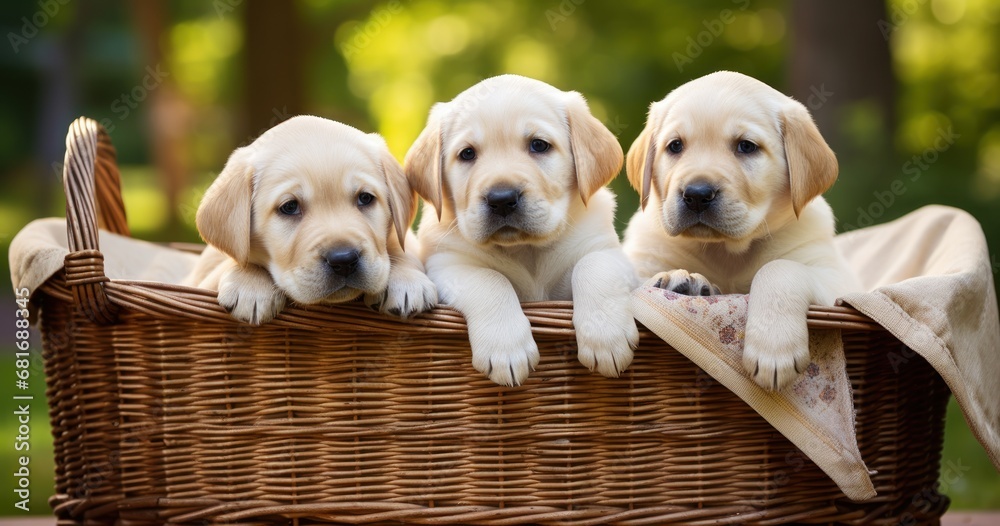 Wall mural three yellow lab puppies sitting in a wicker basket with a blanket on the back of one of the puppies