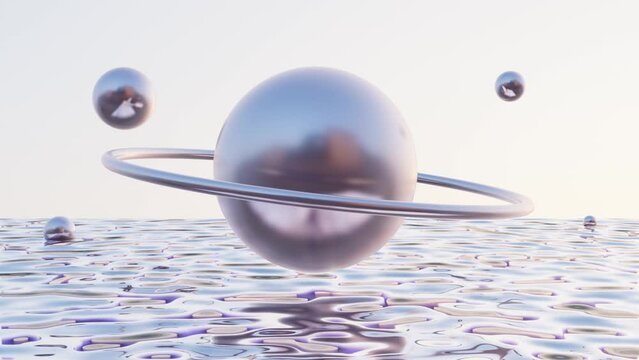 3d abstract futuristic universe metal chrome shape sphere planet with rotating hoop background. Surreal landscape. Fluid morphing ocean y2k seamless looped animation 4k 30fps