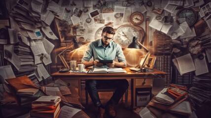 A workaholic man sitting at a desk and working at laptop surrounded by tons of papers and other documents. Generative AI image AIG30. - obrazy, fototapety, plakaty