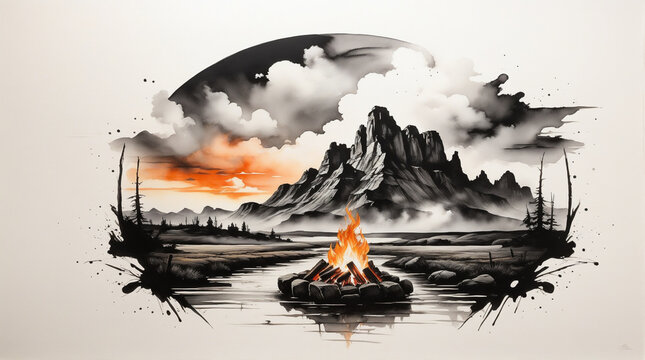 Ink painting of a bonfire in a landscape