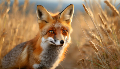 A fox standing next to its burrow in the soil in a spike field