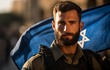Young Israeli soldier, portrait. A beautiful, bold face looking into the camera. Blurred flag...