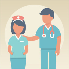 male doctor comforting female nurse hand on pocket in hospital duty medical uniform flat vector illustration character, paramedic staff stethoscope, practitioner and nurse friendly at health center