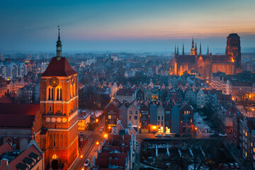 Beautiful sunset over the Main Town in Gdansk city, Poland
