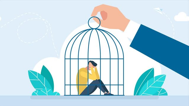 Sad man in the cage. Hostage of circumstances. Boss is cruel to the subordinate. Businessman abuse man. Giant hand holding cage. Boy in depression sitting on the floor. Jail and prison. 2d animation

