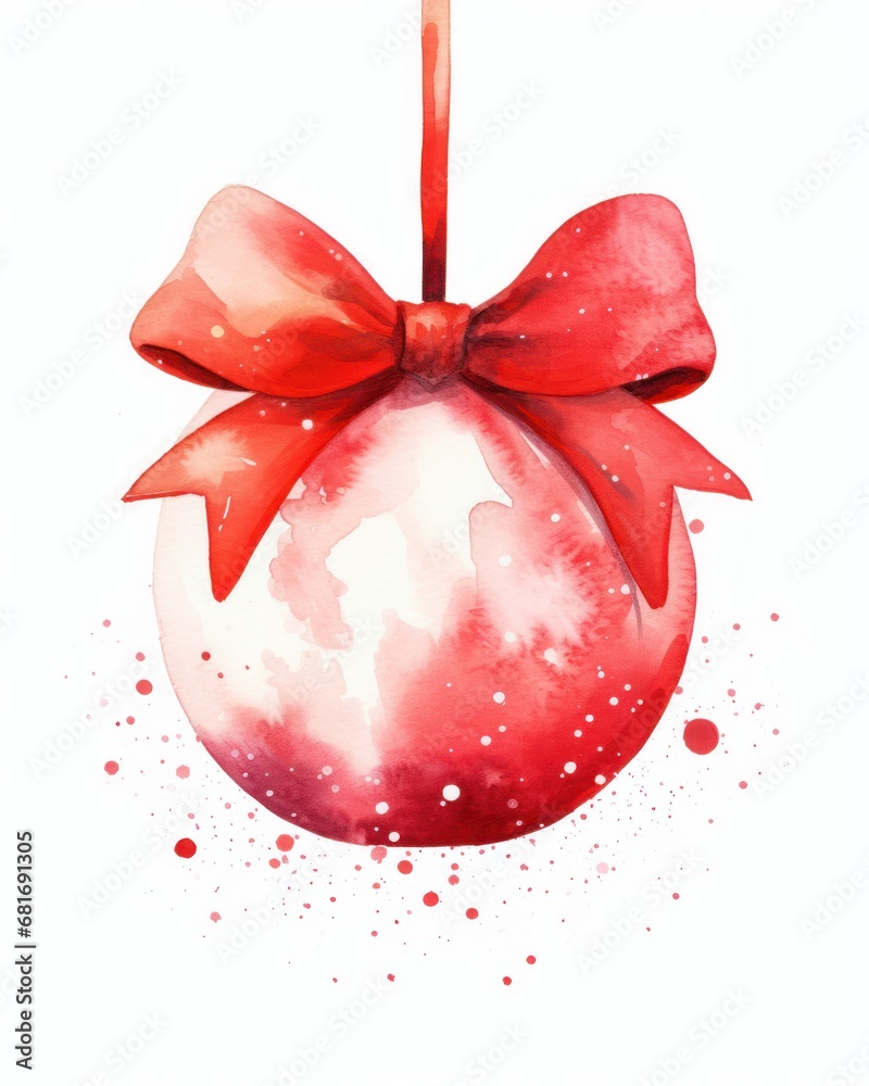 Poster  a watercolor painting of a red ornament with a red bow on it's neck and a white background.